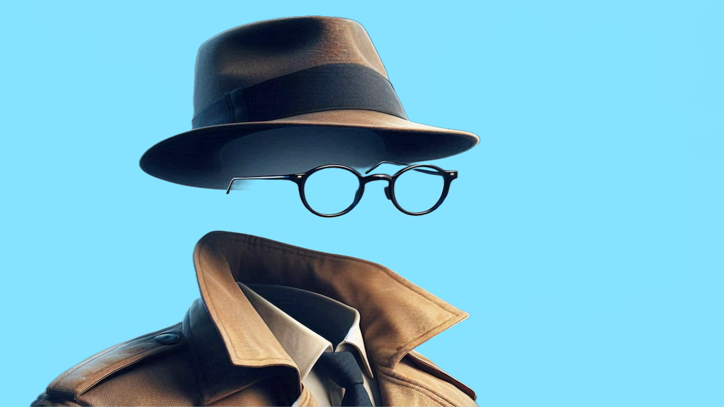 Invisible figure in fedora and trench coat inside an ornate gold portrait frame on blue background - content provenance and deepfake visibility in PR strategy 2026